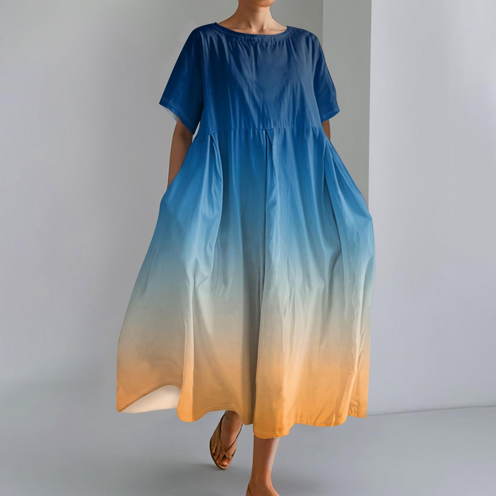 

Женское модное платье с круглым вырезом и короткими рукавами с градиентным принтом и свободным подолом L синий