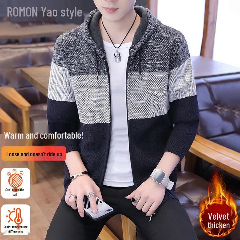 ROMON Men s Autumn/Winter Fleece Lined Hooded Cardigan Sweater 2XL