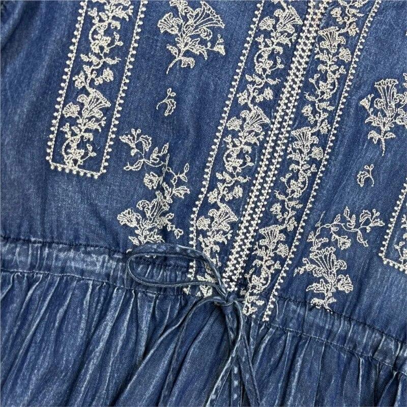 Johnature Niche Cotton Embroidery Frenulum Solid Color A-Line Dress Woman Spring Half Sleeve V-Neck Dress