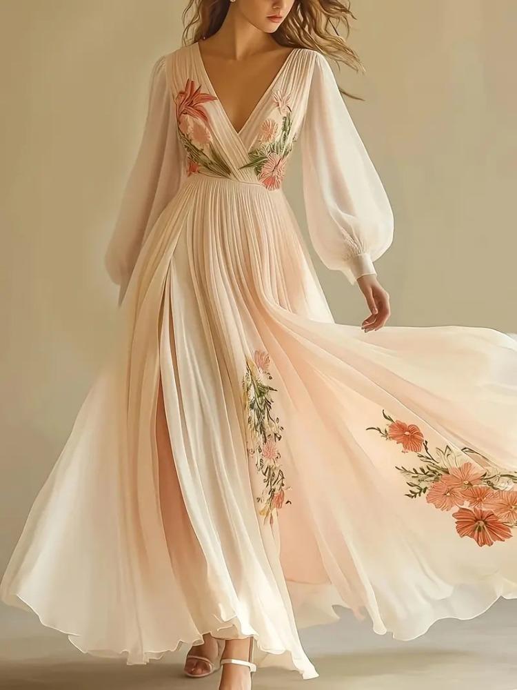 Vestito da Donna con Scollo a V, Manica Corta, Stampa Digitale Posizionata, Gonna Lunga, Elegante, Aderente, Vita Alta