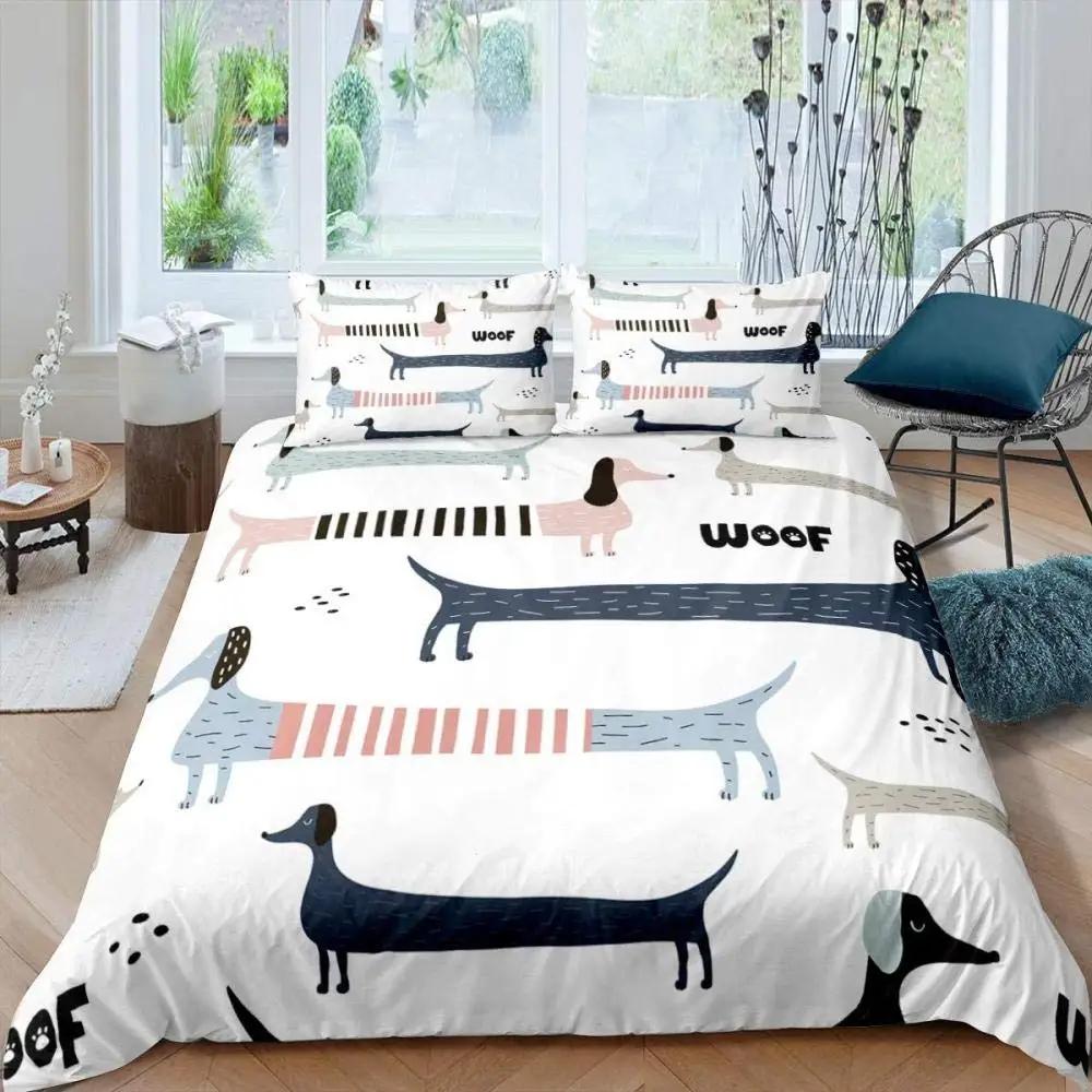 Cartoon Dachshund Bedding Set Cute Sausage Dog Duvet Cover Set Pet Puppy Printed Comforter Cover Animal Polyester Quilt Cover