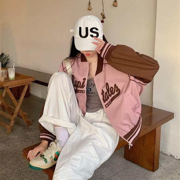 Plus Size Pink Retro Baseball Jacket for Petite Women - Spring & Autumn