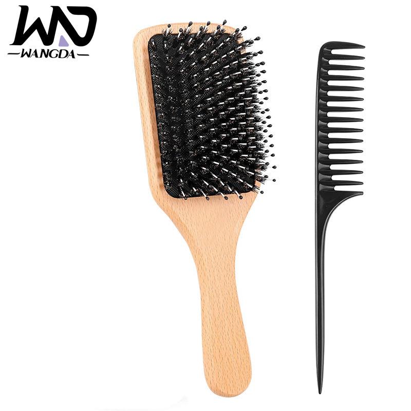 Solid wood boar bristle hair brush - styling, wide-tooth, teasing & massage comb