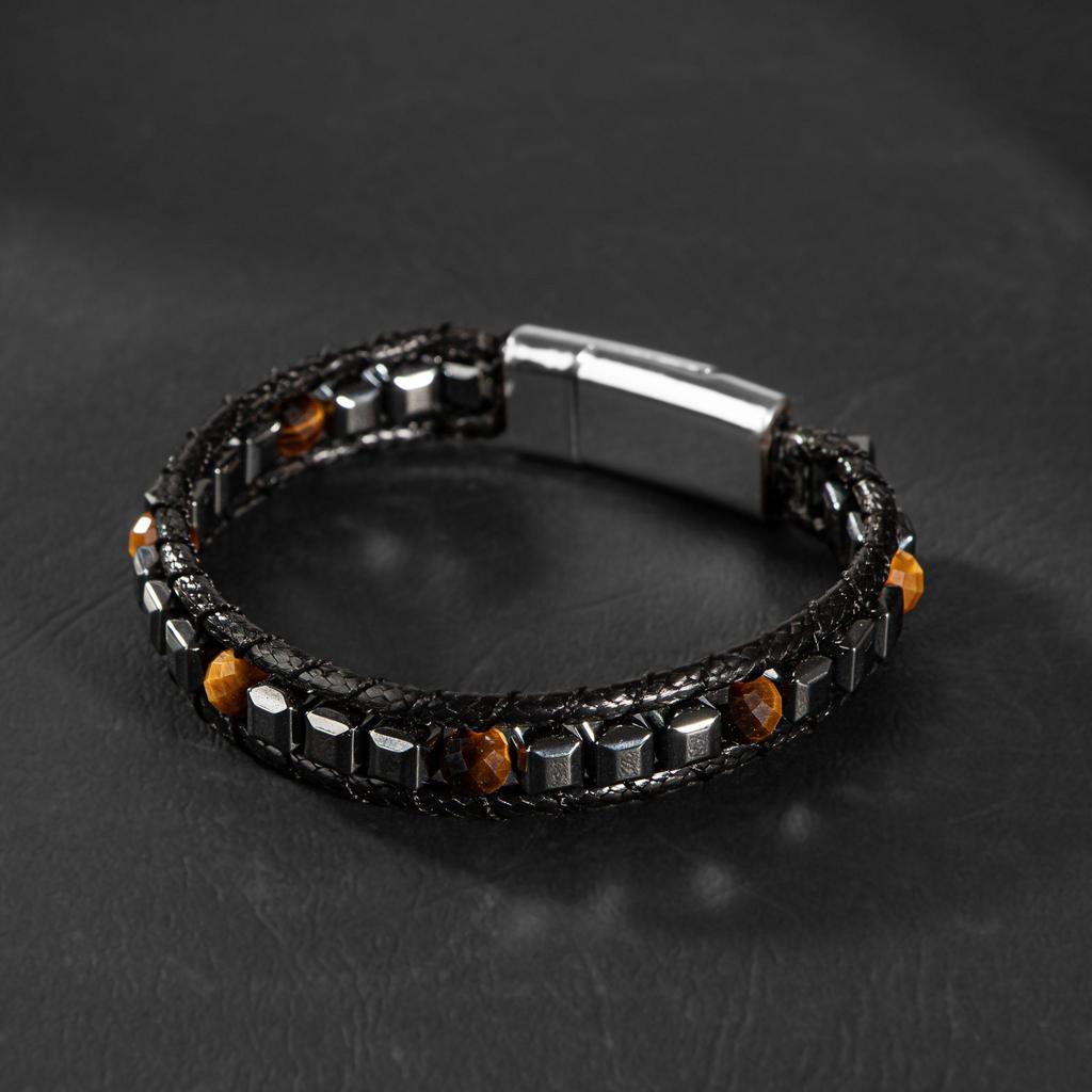 Herren-Makramee-Armband aus Tigerauge und Hämatit-Naturstein