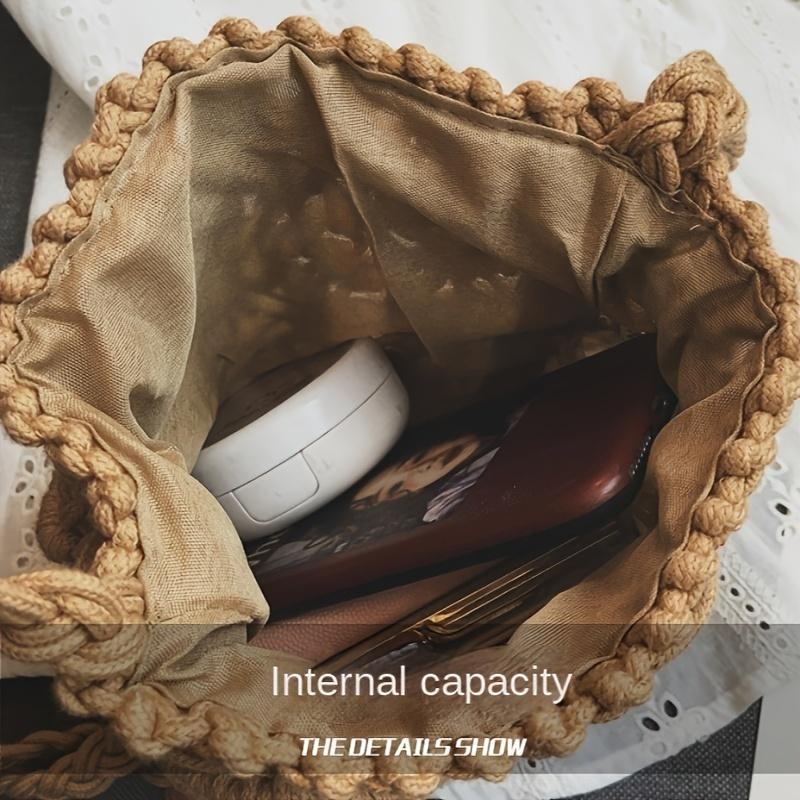 Women's Bucket Drawstring Handbag Straw Shoulder Bag Straw Weave Crossbody Handbag Beach Bag