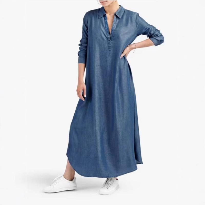 Plus Size Solid Color Denim Maxi Dress: V-Neck Long Sleeve A-Line Cut Dress for Women, Casual Comfortable Everyday Casual Chic Outfit