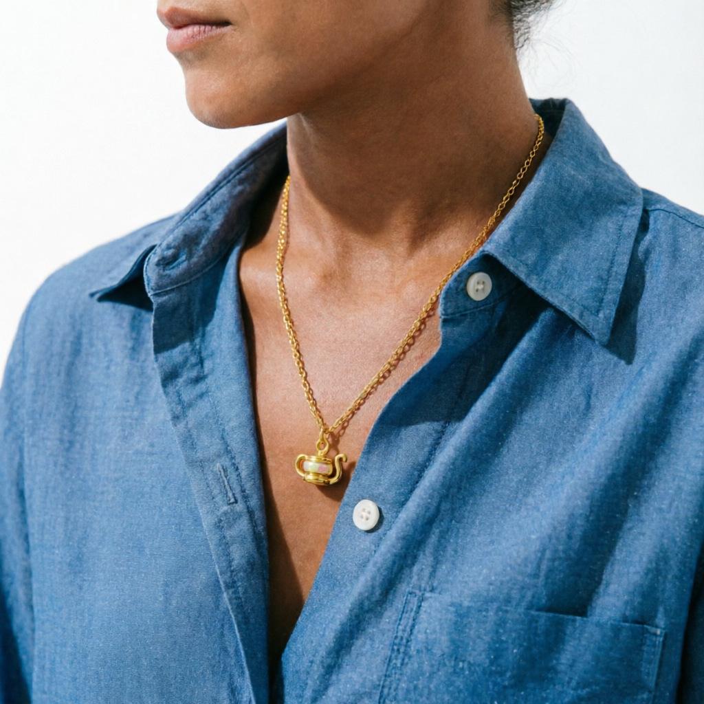18K Gold-Plated Stainless Steel Opal Aladdin's Lamp Pendant Necklace for Women