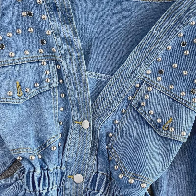 Women's Autumn Beaded V-Neck Denim Jacket - Korean Loose Fit, Versatile Fashion, Slimming Short Top