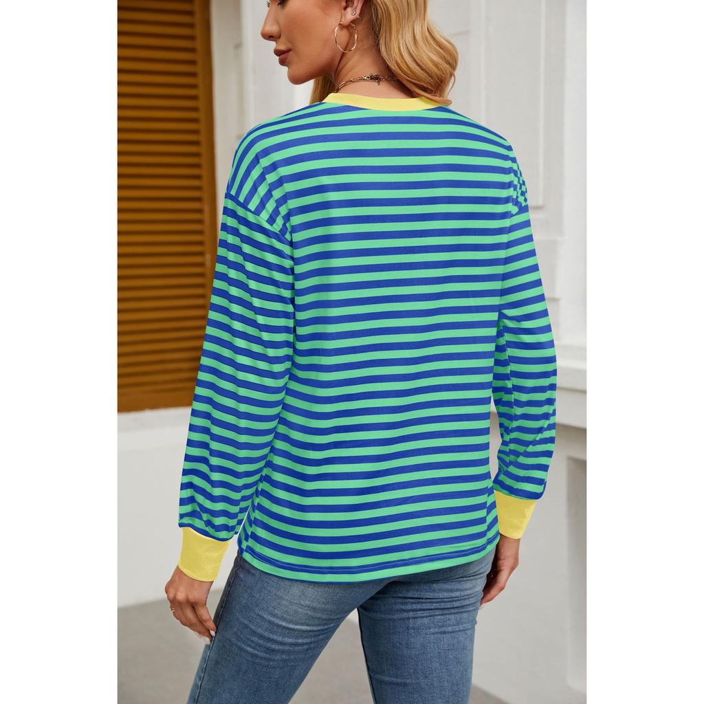 Kadın Altlık Gömlek Sonbahar ve Kış Yeni Moda Kontrast Renkli Bol Yuvarlak Yaka Çizgili Uzun Kollu Üst