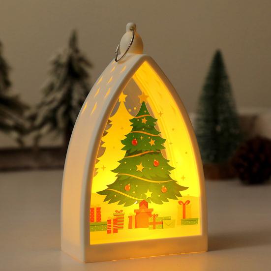 Vintage Christmas Ornament House Shape Santa Claus Deer Snowman Statue Night Light Glowing Decoration
