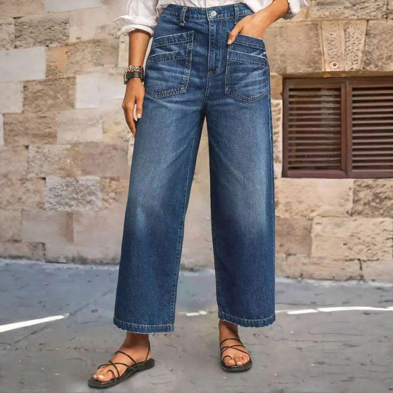 

Autumn Women European and American Elastic Mid-Waist Wide Leg Plus size Jeans Retro Washed Trousers Sanding Diagonal Pocket Cropped Pants Retro Blue XXL(Code)