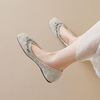Square-toed Single Shoes for Women Shallow Rhinestone Shoes Flat Shoes with Soft Soles