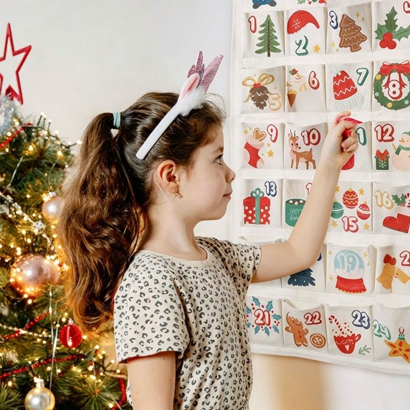 Hanging Christmas Advent Calendar with 24 Fillable Compartments, Fabric Wall Advent Ornament for Daily Surprises Across Homes or Classrooms