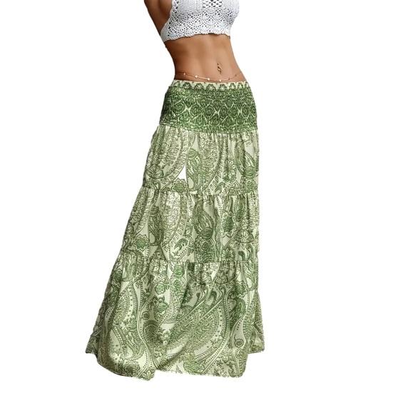 Maxi Skirt Pleated High Waist Printing A-Line Long Skirt Ruffle Splicing Design Leisure Vacation Women Skirt Daily Wear