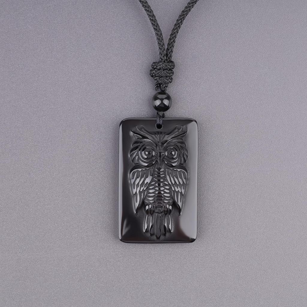 Lucky Bird Obsidian Power Stone Plate Necklace for Protection and Good Unisex [KOAI] "Owl" Hand-Carved Luck,