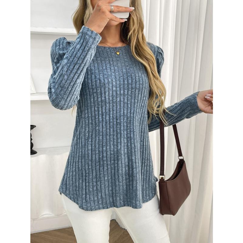 Women Solid Crew Neck Puff Sleeve Long Sleeve Brushed Striped T Shirt Top