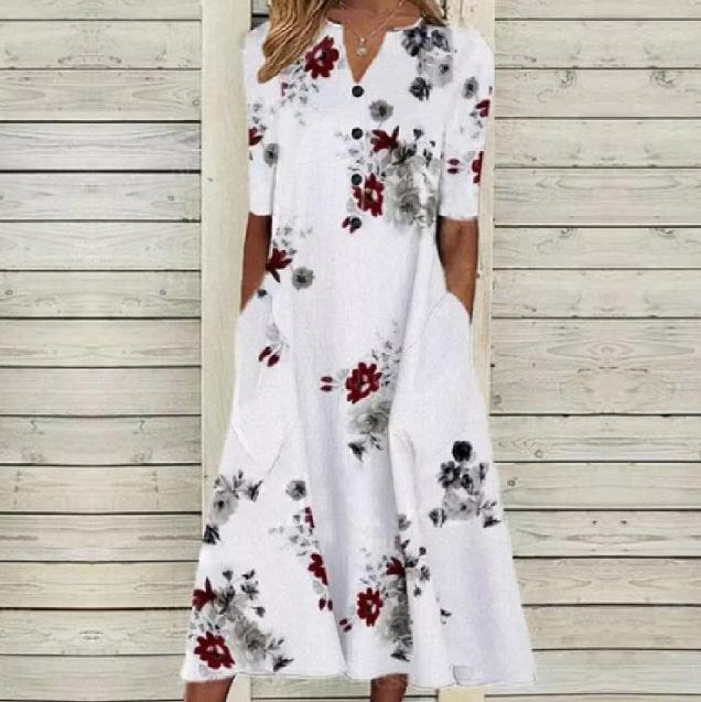 Floral Print V-Neck Mid-Sleeve Casual Dress with Pockets, Button Front, Loose Fit - White/Light Blue/Pink