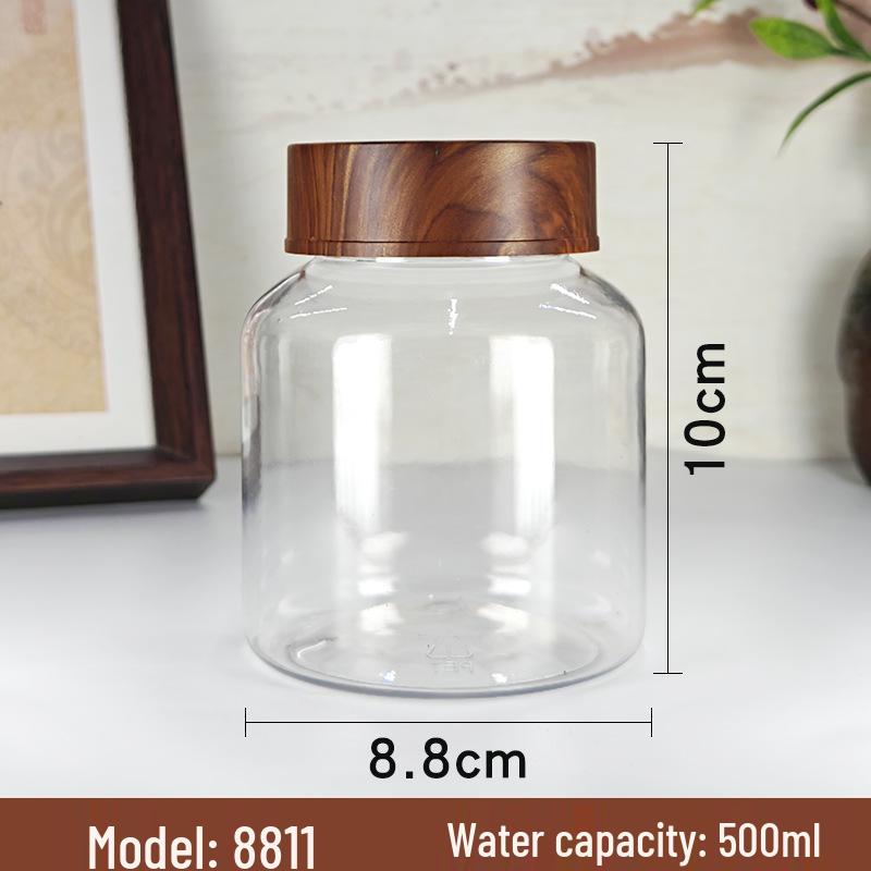 PET Plastic Storage Jar with Imitation Wood Grain Lid, High Transparency, Food Grade for Medicine, Herbs, Tea, Flowers, Grains, and Nuts.