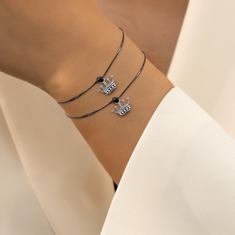 Adjustable Zinc Alloy Crown Black Waxed Cord Bracelet