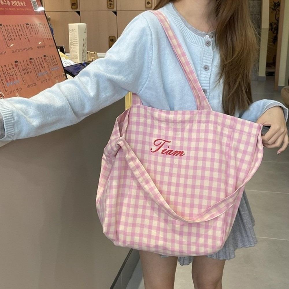 Candy Color Plaid Shoulder Bag Letter Large Capacity Crossbody Bag Simple Canvas Tote Bag  Girls