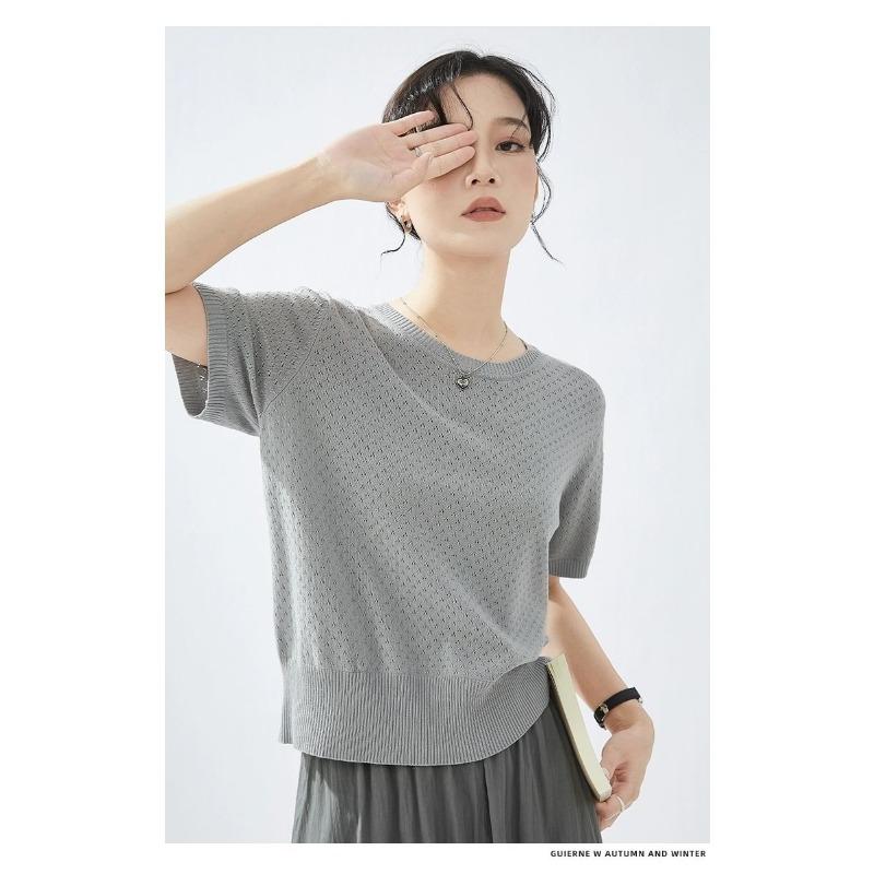 Women s Beige Knit T-Shirt Hollow Out Round Neck Short Sleeve Casual Top S серый