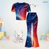 Girls Round Neck Short Sleeve Dark Blue Printed Top Flared Pants Two Piece Set