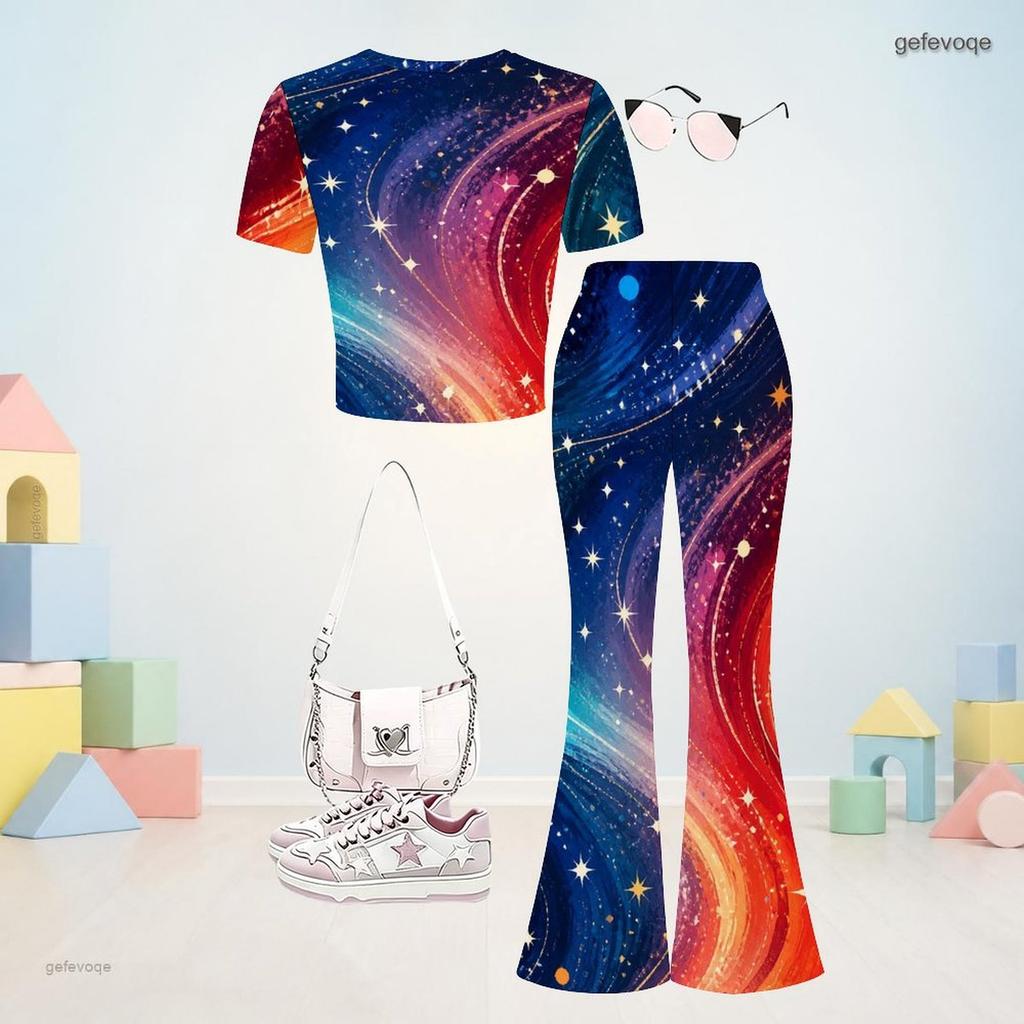 Girls Round Neck Short Sleeve Dark Blue Printed Top Flared Pants Two Piece Set