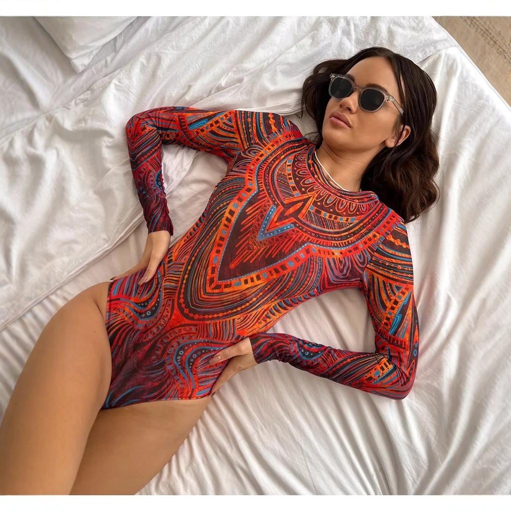 Damen Stammesgeometrischer Print Langarm Einteiler Badeanzug Rundhalsausschnitt UPF Sonnenschutz Schlanke Passform Surfen Tauchen Bodysuit