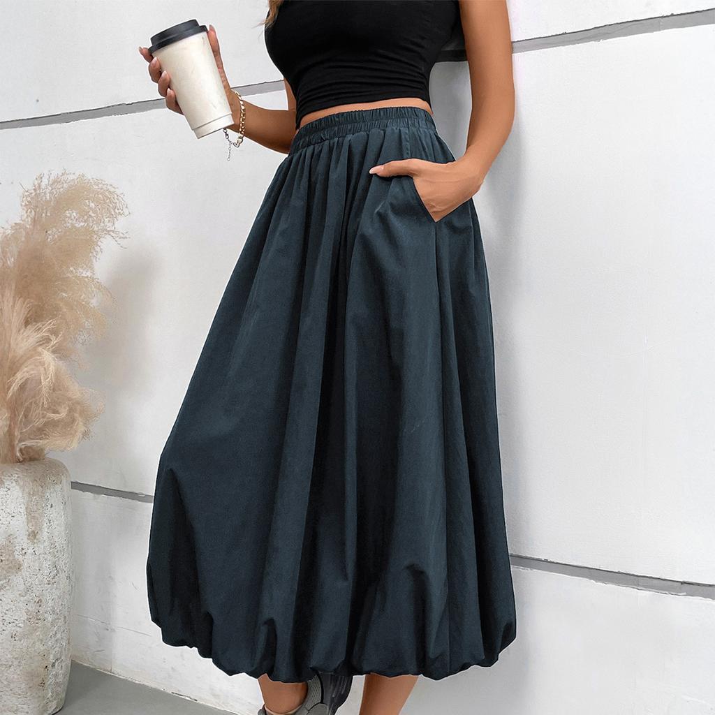 Damen Maxirock A-Linie mit hoher Taille und Taschen Elastischer Bund Lockere Passform Lässiger Langer Rock für den Alltag
