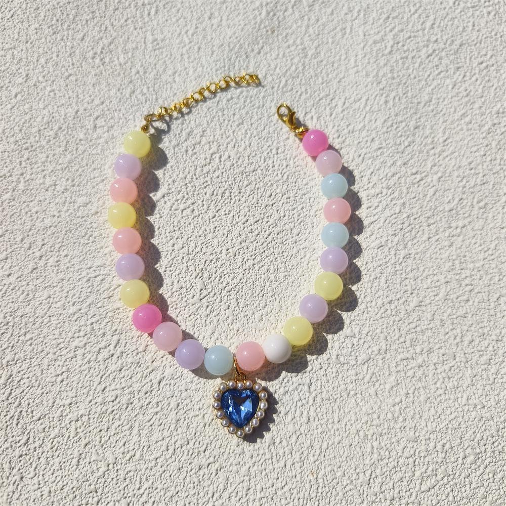 Personalized cat and dog pet handmade necklace collar beaded rhinestone heart cute pearl pendant accessories princess style