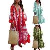 Women Summer Bohemian Floral Print Maxi Dress Deep V Neck Long Sleeve Oversized A Line Flowy Hem Retro Beach Vacation Tassel Dress