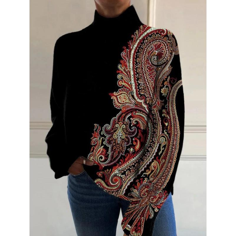 Womens Christmas Print High Neck Sweater Loose Fit Casual Long Sleeve Top
