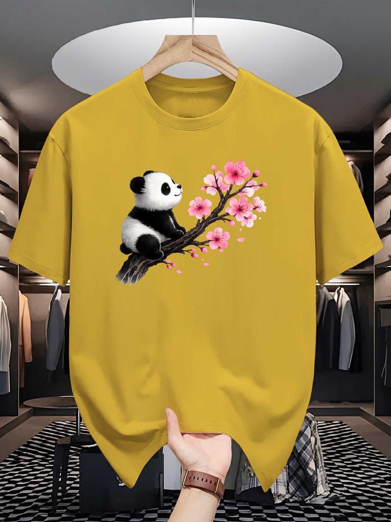 Unisex Crew Neck Tee Lovely Panda Pink Cherry Blossom Art Print Soft Cotton Loose Short Sleeve Summer Casual Male Streetwear Tops
