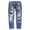Women's Red Plaid Ripped Long Jeans - 2023 Collection
