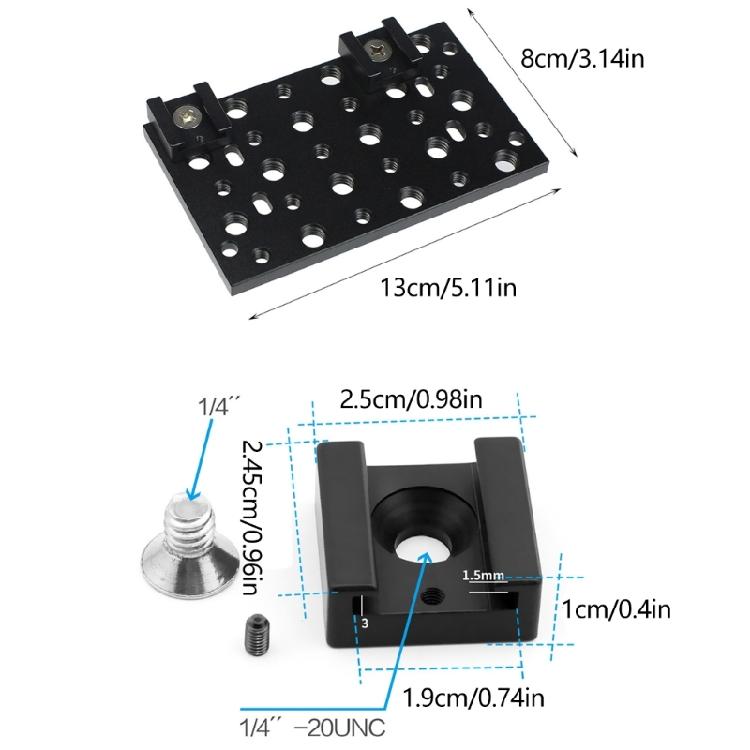 1/4 in and 3/8 in Mount Hole Camera Plate with Two Cold Shoe Holders, Metal Expansion Mount for Camera Support Arms and Extra Video Gear