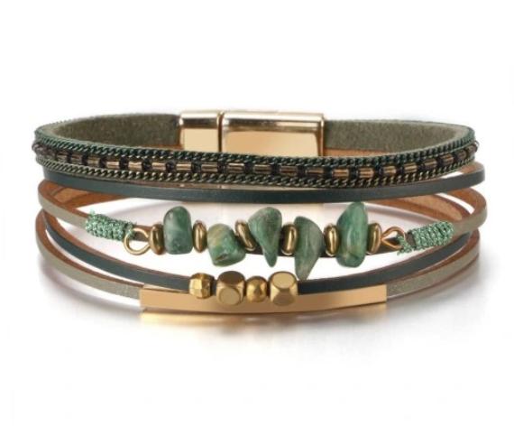 Braccialetto in pelle da donna con pietra di giada verde