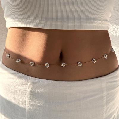 Women's Jewelry Straps Summer Pearl Flower Necklace Fashion Titanium Steel Necklace Waist Chain Anklet Set Titanium Steel Color Retention