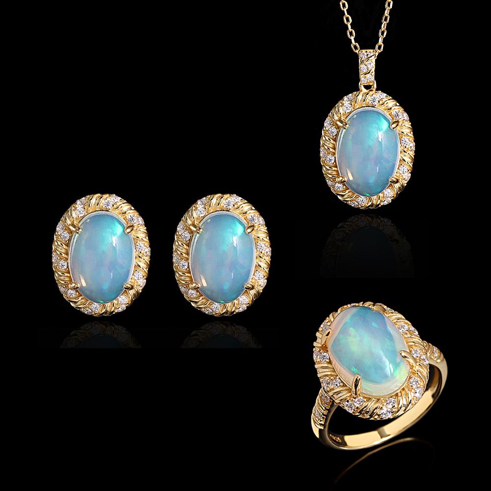 

Natural oval 10*14mm opal Ring pendant necklace 925 sterling silver earrings fine jewelry set for women s Proposal Wedding gifts US RING SIZE:10# білий