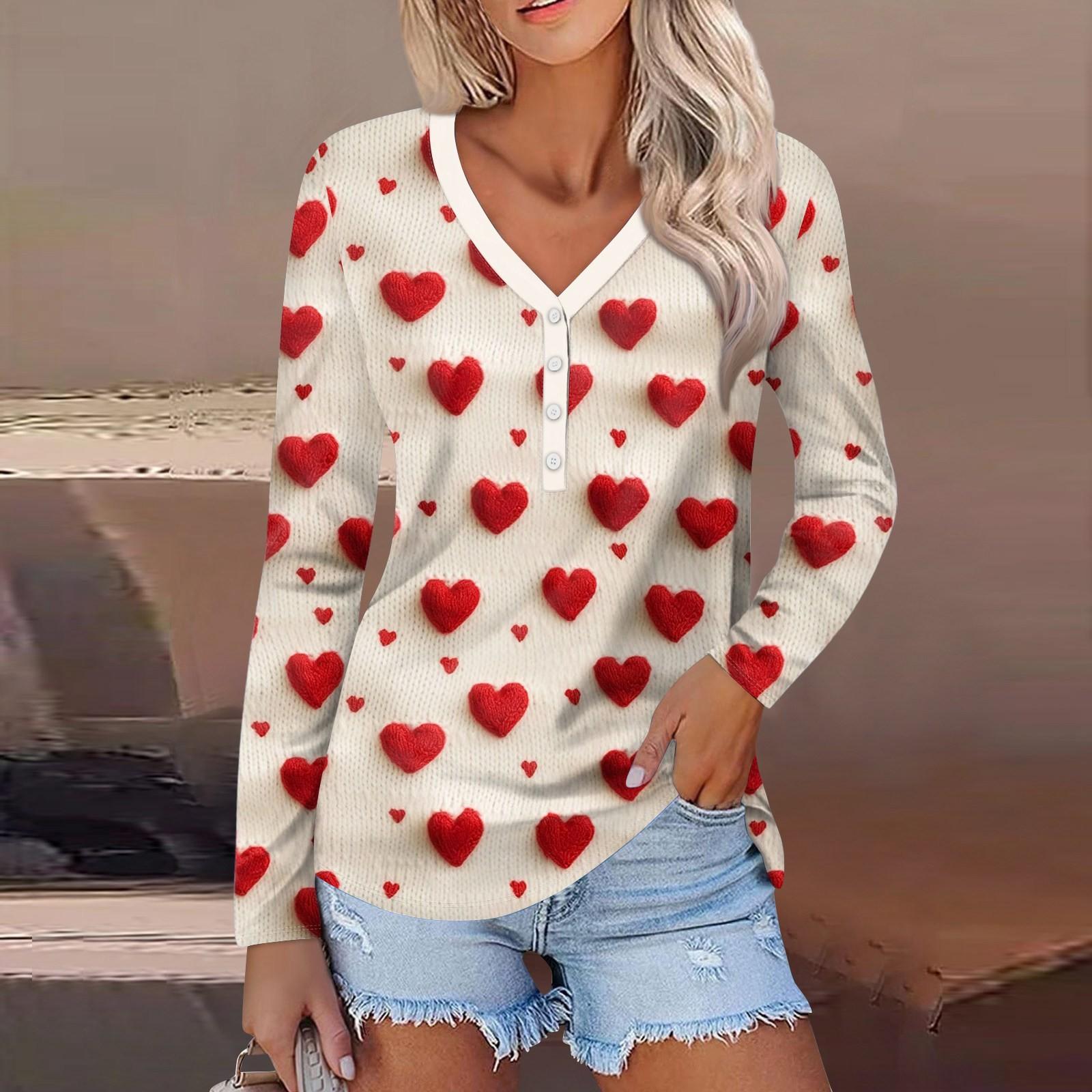

Женский модный повседневный топ с длинным рукавом и V-образным вырезом на пуговицах ко Дню святого Валентина с принтом в виде сердца M хаки