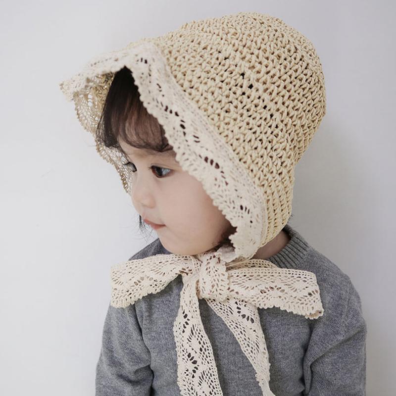 Cute Lace Girls Straw Hat Summer Bow Girls Boys Sun Cap Wide Brim Sun Protection Kids Fisherman Hat Beach Panama Caps