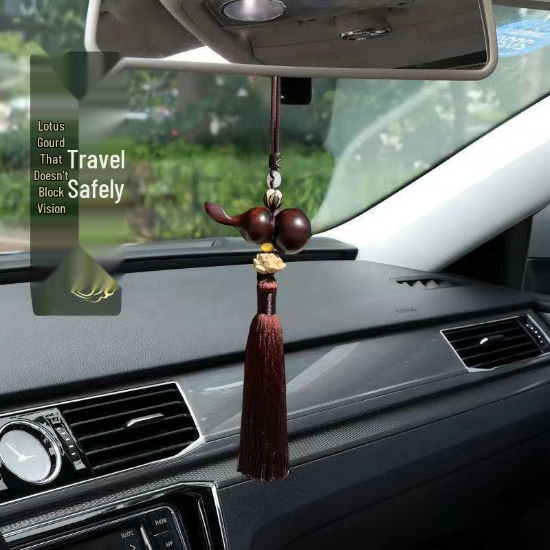 Lotus Fu Lu Gourd Wooden Rearview Mirror Pendant - Handmade Car Interior Ornament