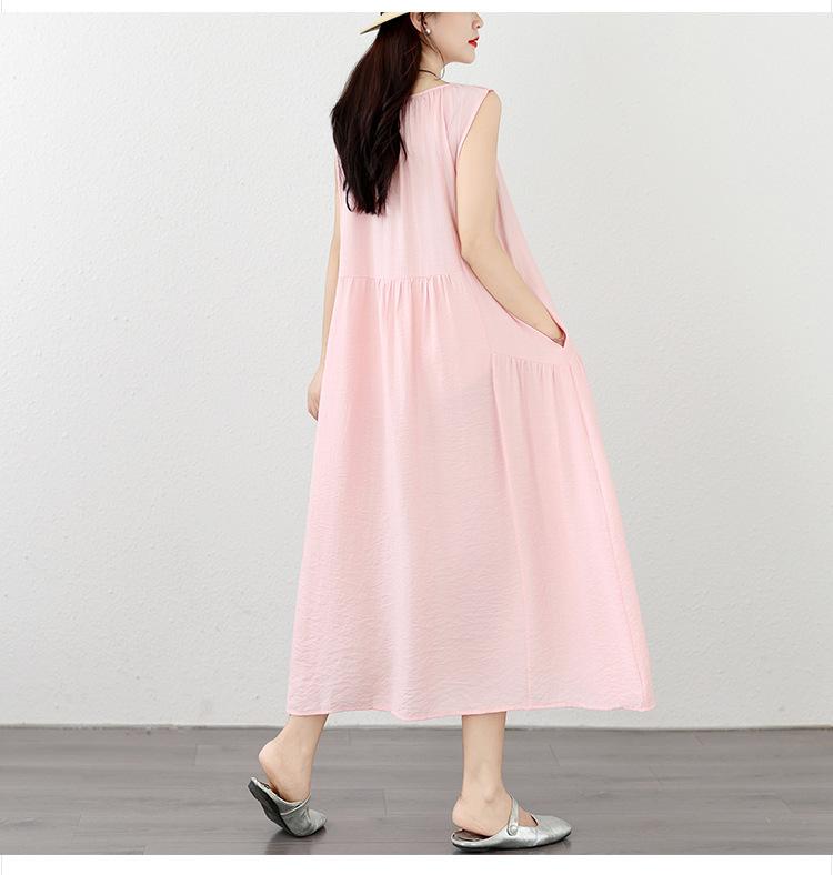 Elegant And Laid-back Style, Large Sleeveless Cotton And Linen Round-neck Vest Dress