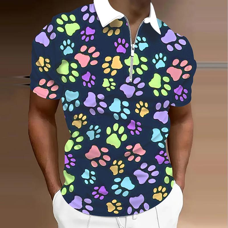 Erkek Gömlek Polo Günlük Fermuarlı Kısa Kollu Moda Günlük Fermuarlı Yaz İlkbahar Normal Kesim 3D Köpek Pençesi Baskılı Gömlek