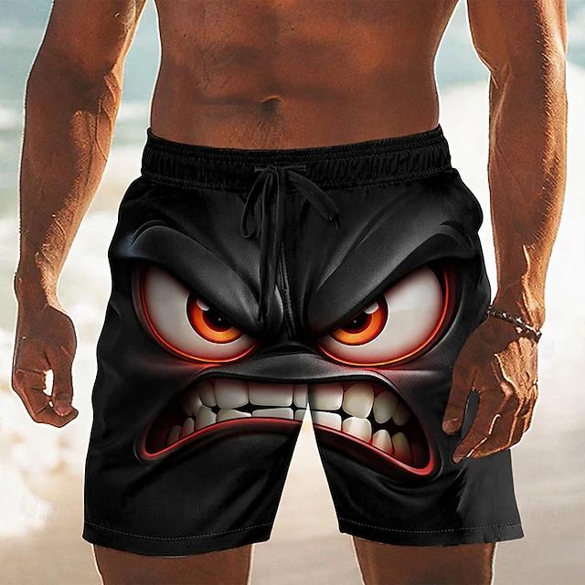 Lustiger Cartoon-Gesichtsdruck Herren Strandshorts Schnelltrocknend Atmungsaktiv Kordelzug Elastischer Bund Social Media Viraler Stil Badehose