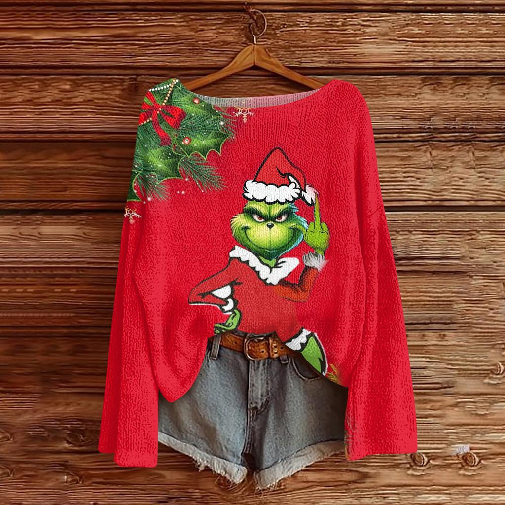 Women's Fashion Round Neck Long Sleeve Christmas Print Casual Knit Pullover Top