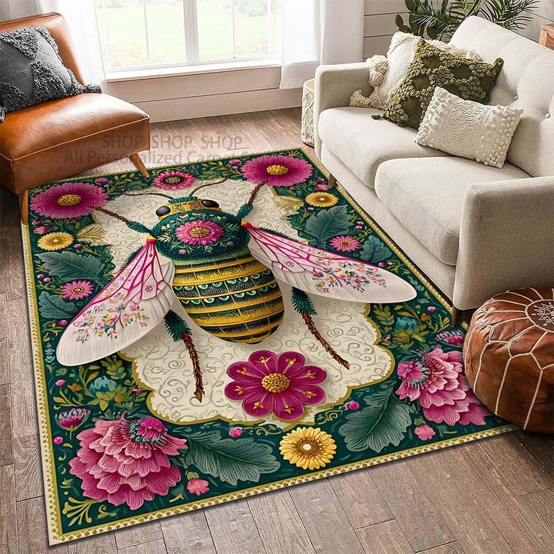 Retro Court Style Flowers and Bees Pattern Carpet for Living Room Bedroom Sofa Home Decor Non-slip Floor Mat Luxury Gift