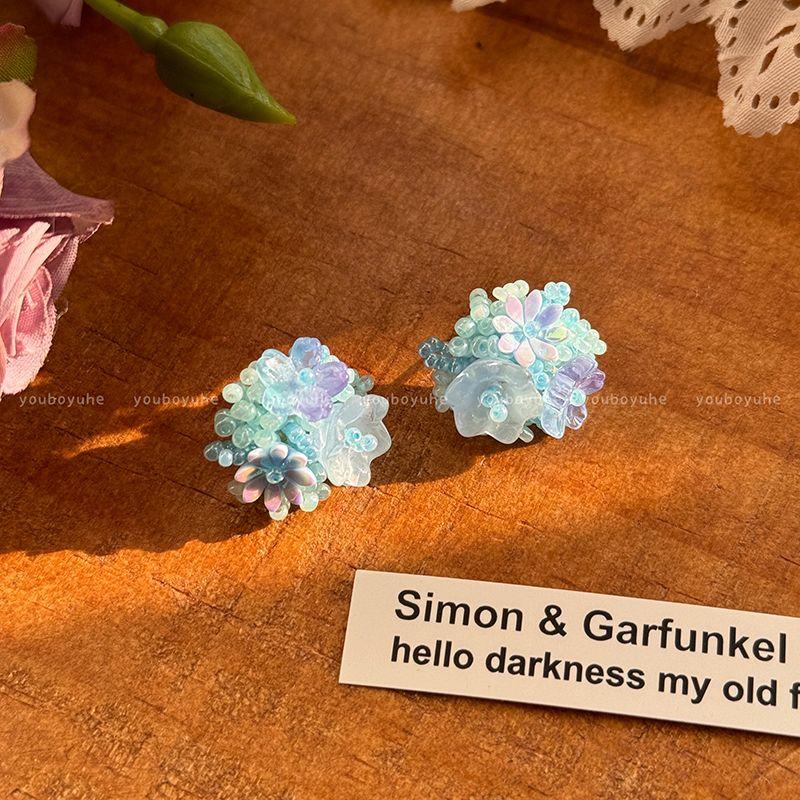 

Fancy Vacation Style Flower Ear Studs Ear Clip Female 2025 New Arrival Suitable for Summer Dopamine Beaded Earrings Earrings Blue flower beaded stud earrings-Silver Needle
