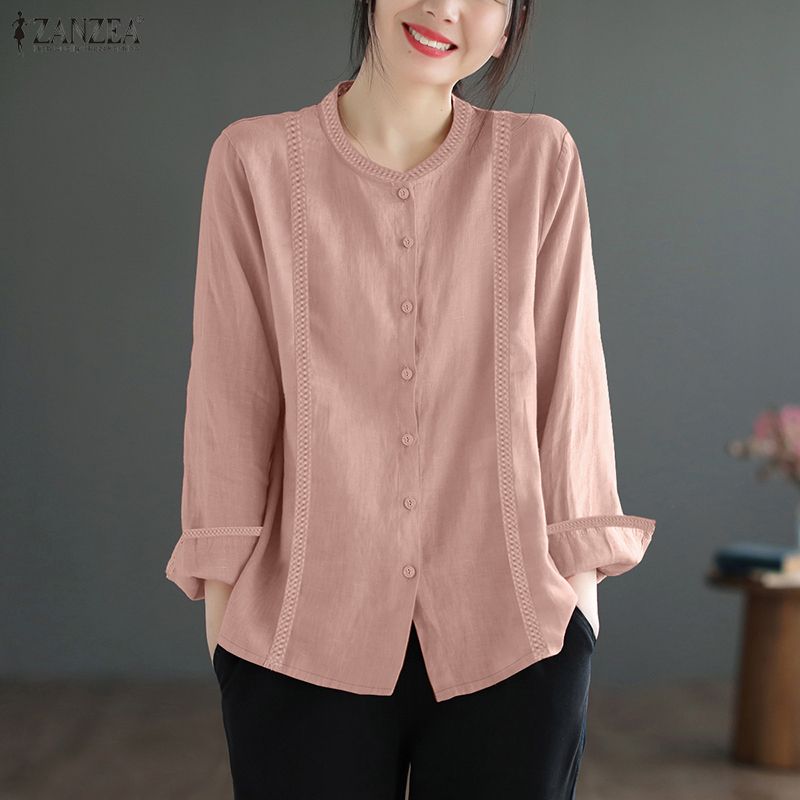 ZANZEA Dámská ležérní bavlněná halenka s kulatým výstřihem a dlouhým rukávem