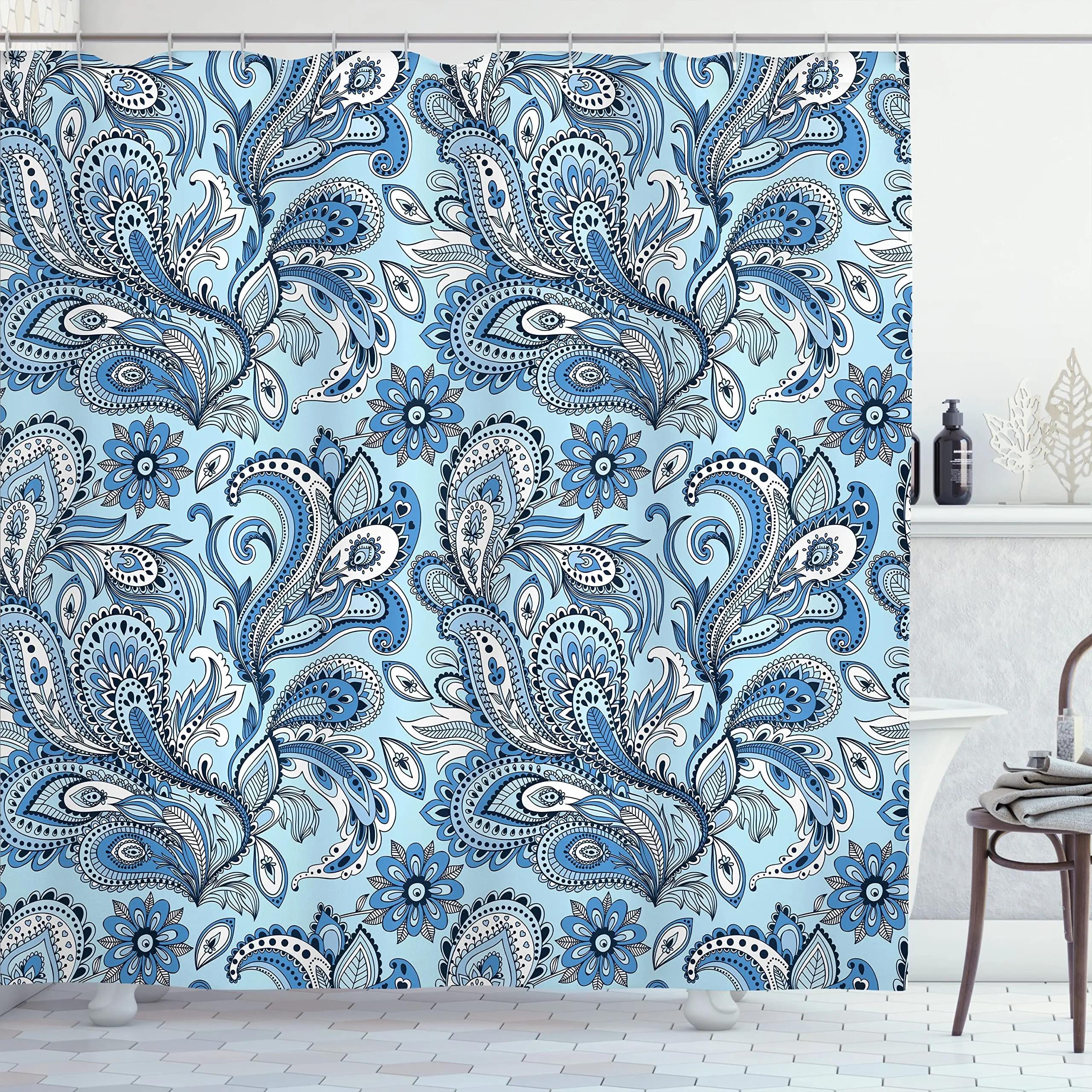 

Boho Paisley Flowers Shower Curtain Moroccan Ethnic Pattern Style Bathroom Waterproof Polyester Fabric Bathtub Screen With Hooks W60H190(CM)-1 Pcs