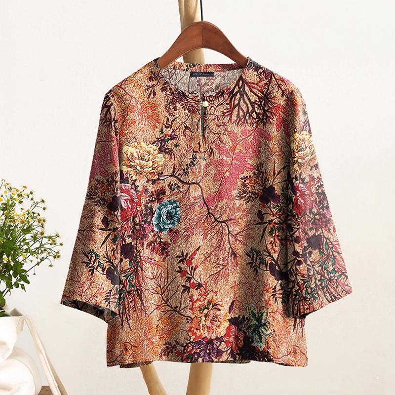 

ZANZEA Женская блузка с круглым вырезом, повседневная, с рукавом 3/4, с этническим принтом S хаки